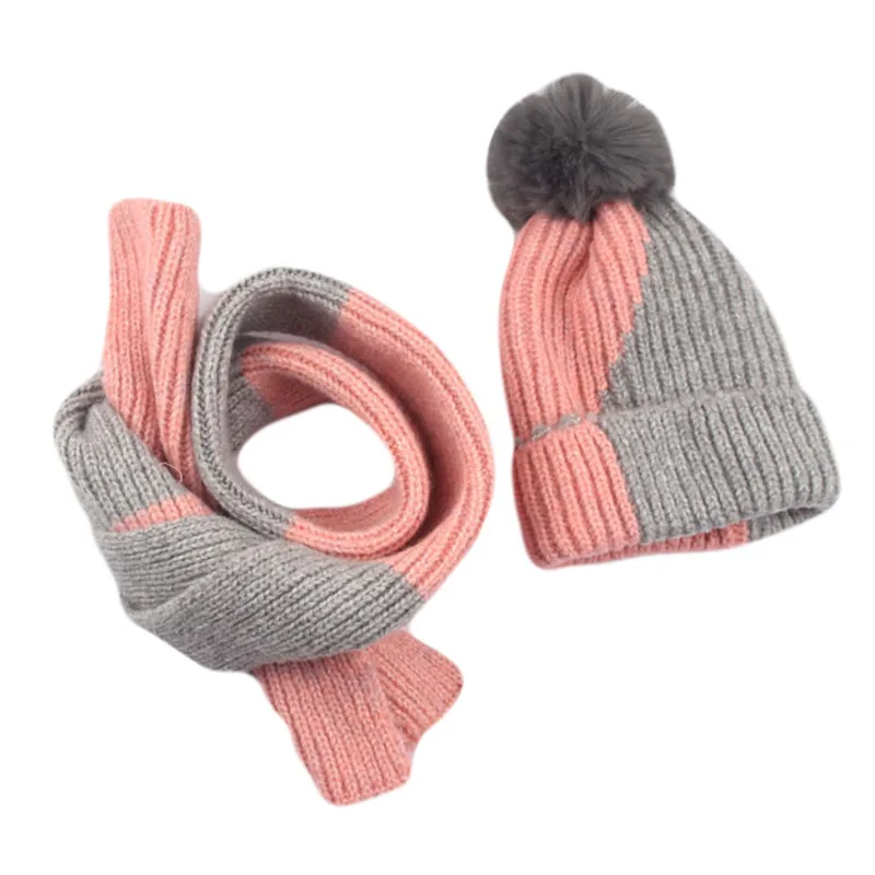 Комплект из 2 шт./компл. для маленьких детей, новая зимняя хлопковая шапка, шарф, зимний комплект, вязаная шапка с помпонами, детский теплый
