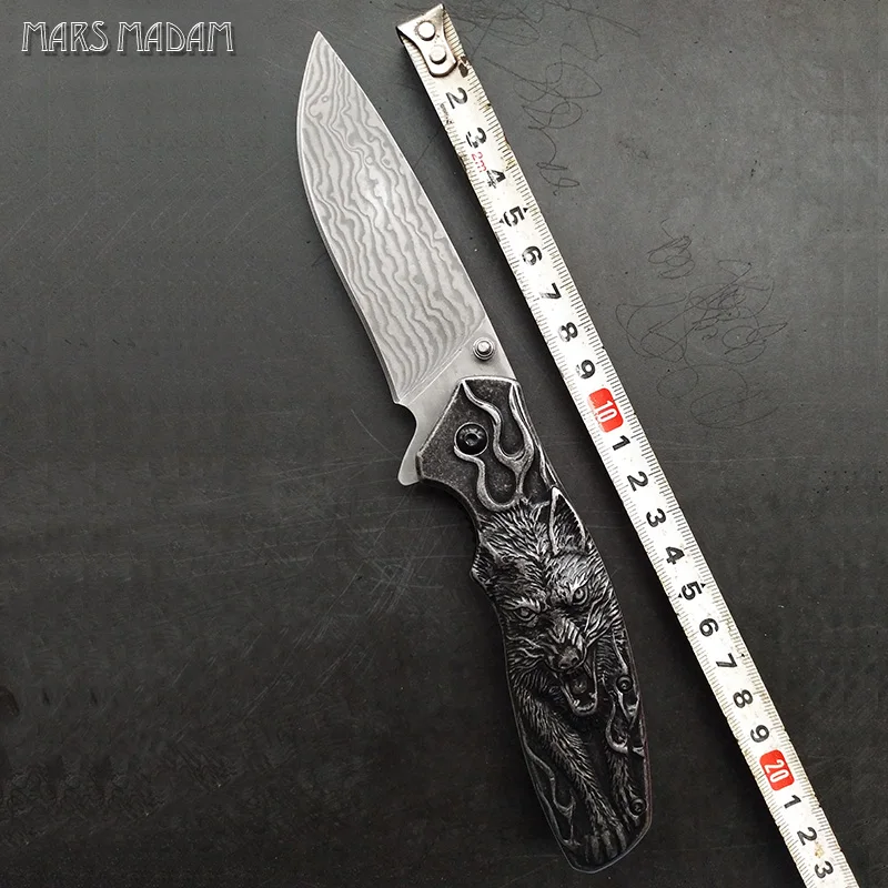MARTE SEÑORA El tótem Del Lobo Perfecto Damasco Cuchillo Plegable Táctico de La Supervivencia Cuchillos de Caza Del Cuchillo de Bolsillo Marcó Nostalgia