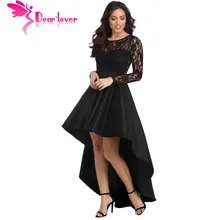 Dear Lover Party Gowns Formal Dress Women Autumn Black Long Sleeve Lace High Low Satin Dress