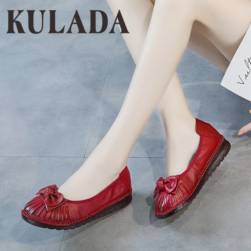 

KULADA Women Genuine Leather Basic Slip-On Shoes Women Soft Leather Solid Loafer Shoes Ladies Rubber Sole Ballerina Shoes 2019
