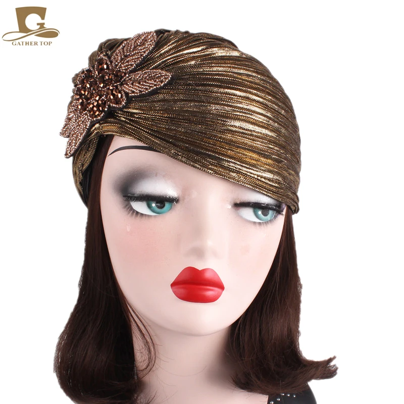 New Luxury Metallic Shinny Ruffle Turban Head Wrap Women Marriage Cap with beaded flower women Indian Cap Turbante Hat women turbante jersey bonnet with chiffon shawl headband underscarf cap islam inner scarf stretch patchwork hijab cover headwrap