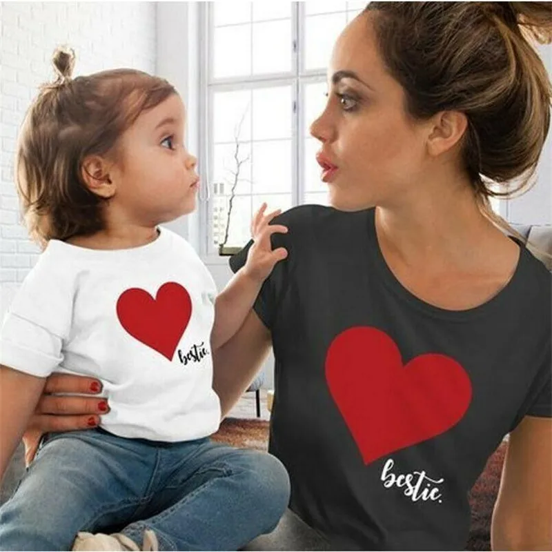

Mommy and Kid Clothes Mother Daughter Matching Family Outfits T-shirt Women Kids Baby Girls Soft Cotton Heart Print Tops Blouse