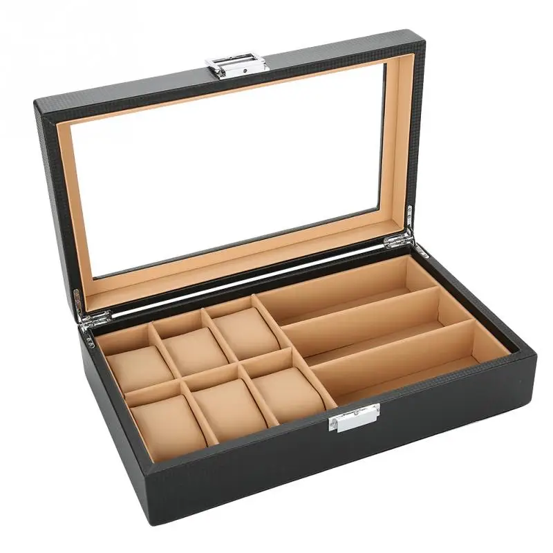 

High Quality Luxury Carbon Fiber PU Leather Wrist Watch Display Box Storage Holder Organizer Watch Case Jewelry Dispay Watch Box