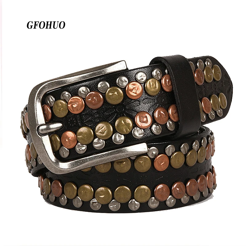 

Punk Style Women Belt Rivet Genuine Cowskin Leather Belt Ladies Men Vintage Cowboy Belts Steel Pin Buckle Waistband