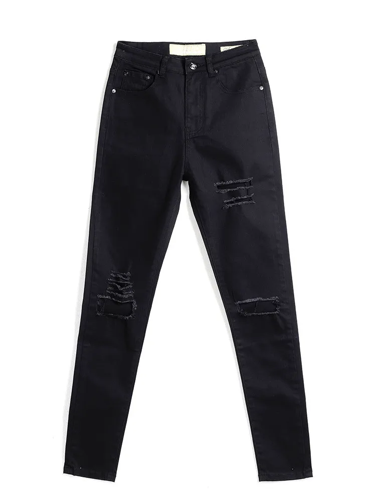 Черные джинсы Для женщин модные сапоги выше колена рваные узкие джинсы карандаш полный Длина одноцветное эластичный деним Высокая Талия пикантные женские джинсы - Цвет: Black