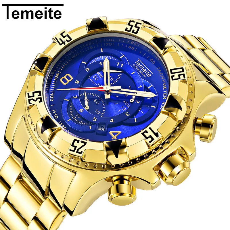 

Multifunction mens watches Large dial luxury gold TEMEITE brand men wristwatch quartz stainless steel waterproof man watches