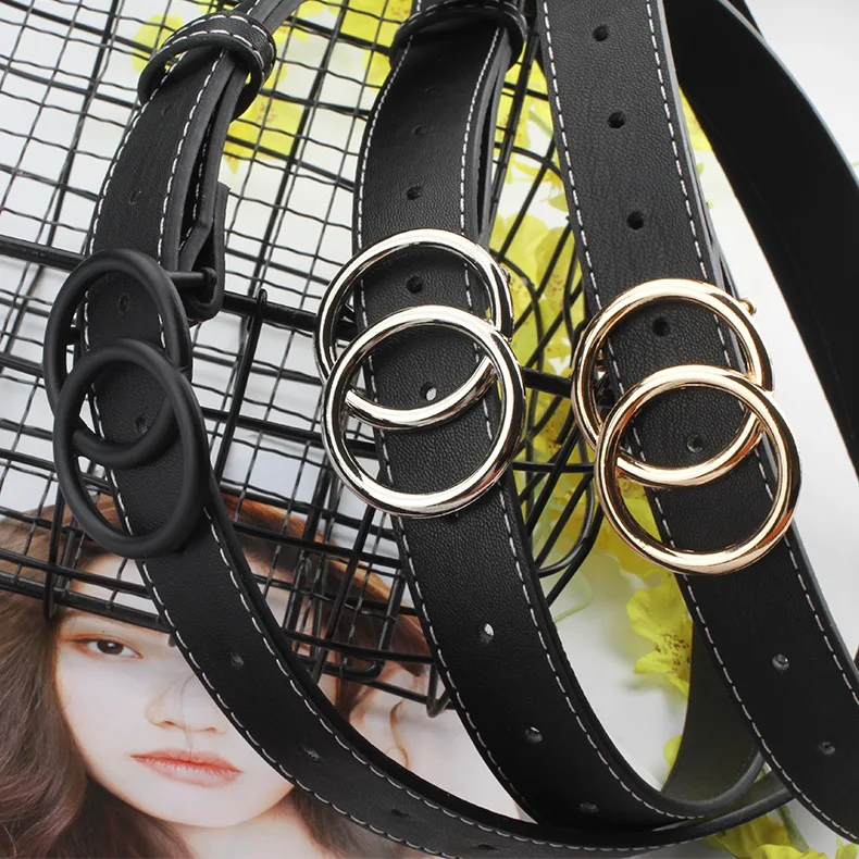 

Fashion Women Belt Gold Black Silver Double Ring Circle Buckle Belt Vintage Classic Jeans Dress Wild Leather Straps Belts