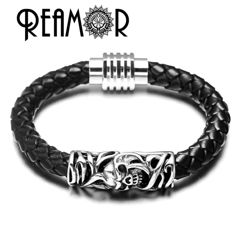 

REAMOR Men Genuine Leather Bracelets 316l Stainless steel Hollow Skull Totem Bead Bracelet Bangle Jewelry With Magnetic Clasps