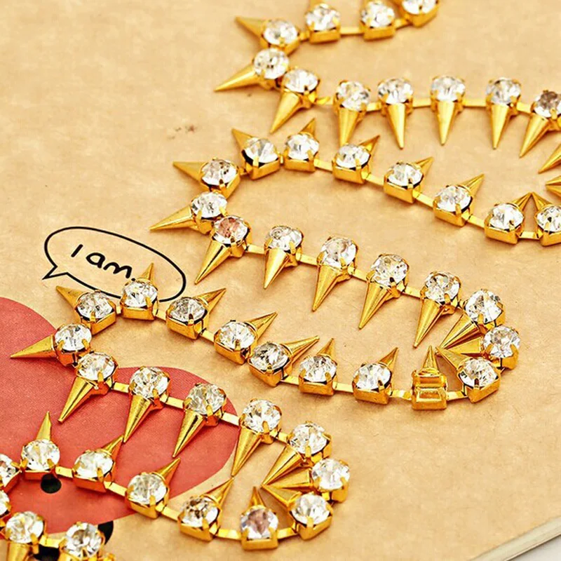 

2yds Gold Cone Chain Clear Rhinestone Applique Costume Trims Sewing