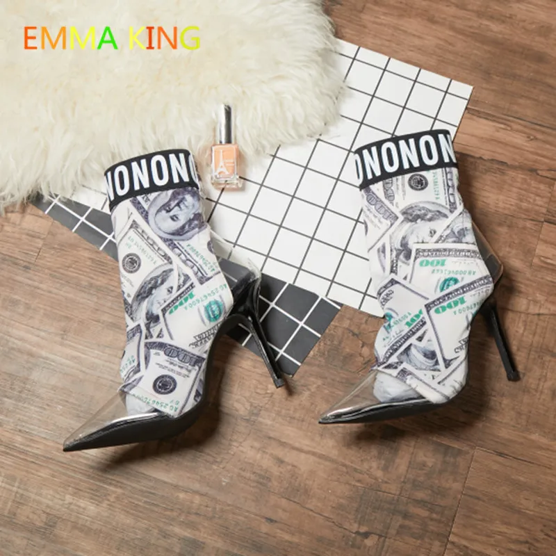 

Spring Autumn Letters Dollar Print Designer Ankle Boots Women PVC Transparent Toe High Heel Shoes Pointed Toe Stilettos Booties