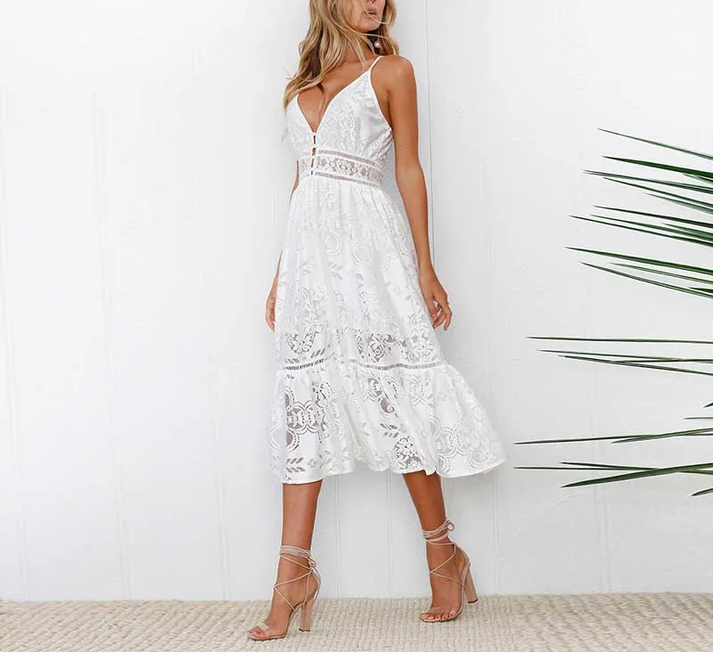 Gladiolus New Summer Dress Women Spaghetti Strap Backless V Neck Lace Hollow White Sexy Dress 2019 Elegant Evening Party Dresses (14)