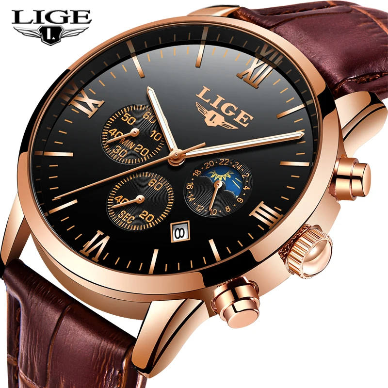 

LIGE Top Brand Luxury Mens Watches Casual Sport Waterproof Watch Men Leather Multi-function Dial Male Clock Relogio Masculino