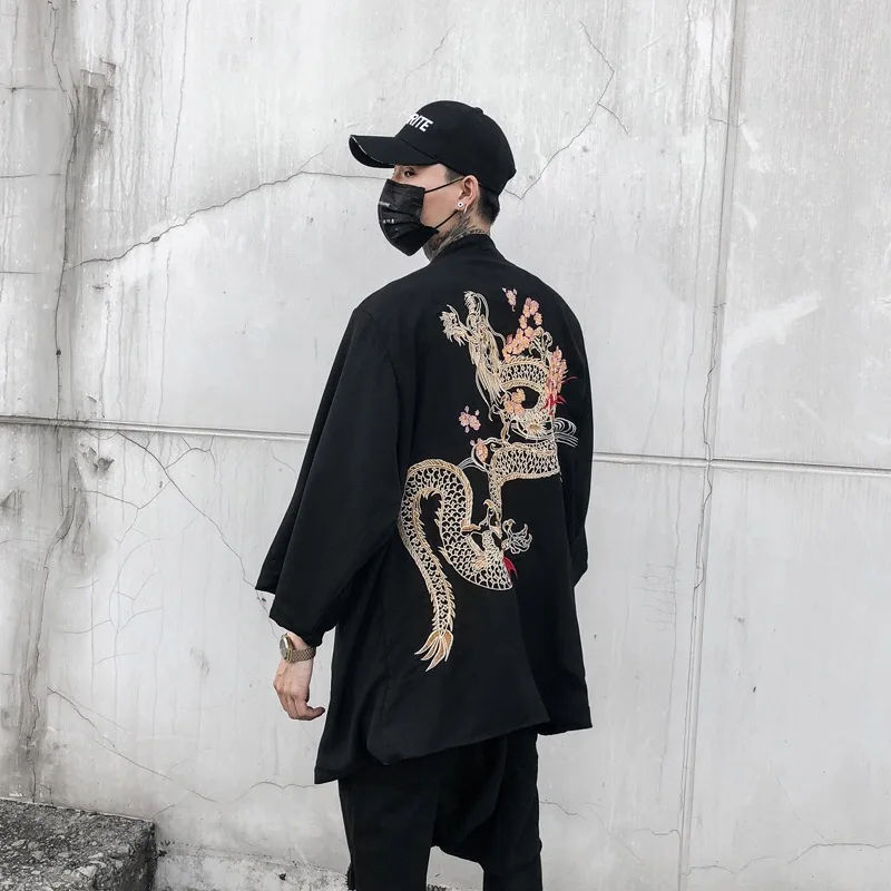 

Men Japanese Kimono Cardigan Chinese Dragon Jacket Coat Top Outwear Retro Casual Black