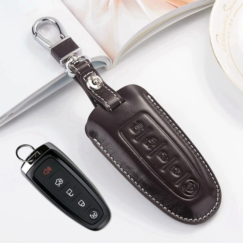 

Leather Car Key FOB Cover For Ford Fusion Edge Explorer 2011 2012 Lincoln MKC 2013 MKS MKT Accessories Key Case Key Holder Chain