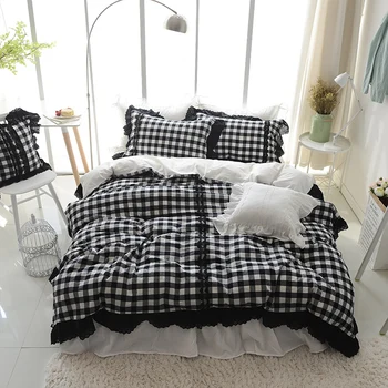 

4/6pcs white and black striped and plaid bedding sets fashion lace bed linen twin queen king size duvet cover set bed skirt