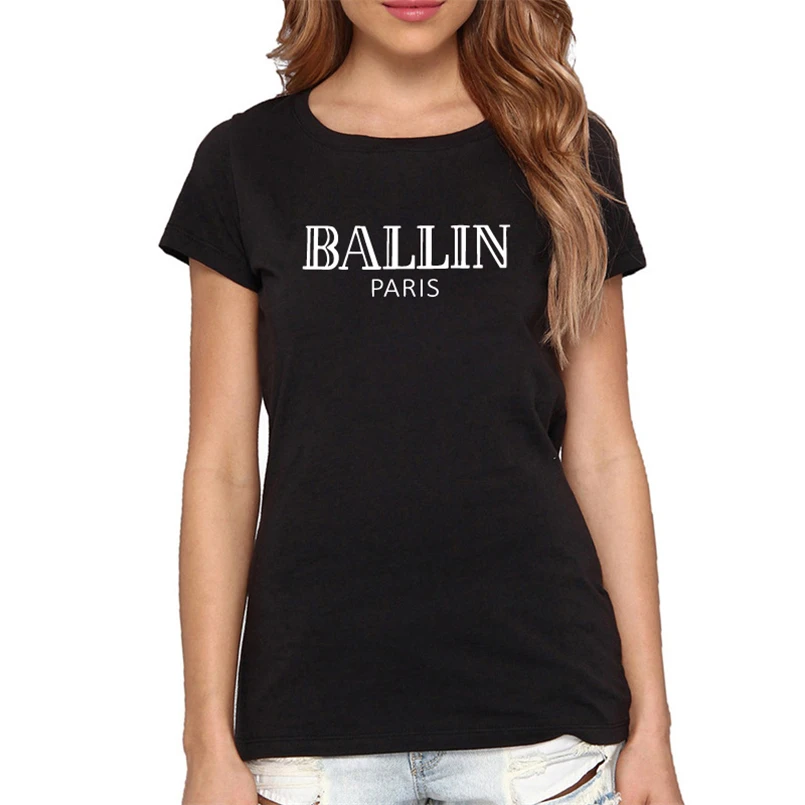 

2019 Women Short Sleeve White T-Shirt Female Top New Summer Letter Ballin Paris Tee Shirt Casual Tshirt T Shirt