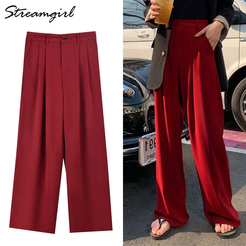 Streamgirl/широкие красные брюки для женщин; Летние офисные женские брюки; повседневные винтажные свободные брюки с высокой талией; женские летние брюки