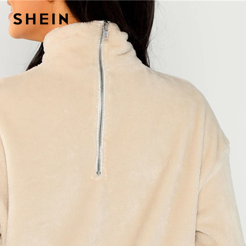  SHEIN Apricot Modern Lady Elegant High Neck Faux Fur Belted Solid Pullover Sweatshirt Winter Minima