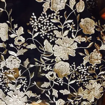 

black mesh lace fabric with gold embroideries, 10 yards