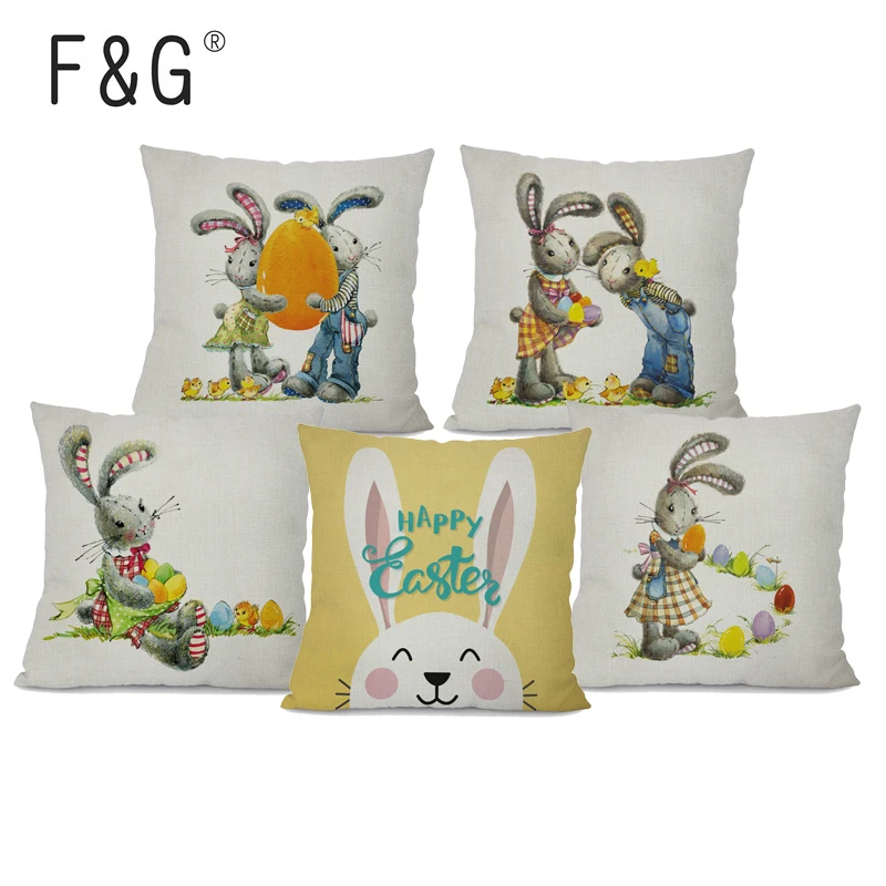 

Happy Easter Cushion Cover Cute Smiling Bunny Rabbit Color Eggs Print Home Decor Pillow Cover For Sofa Bedroom Office