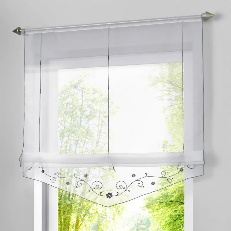 

New Decorative embroidery Sheer Kitchen Window Roman Curtain Height Liftable Gauze Blinds 1PCS