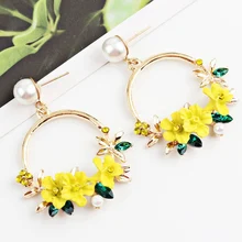 Корея, полимерная глина, цветок вишни, большой круг обруч, серьги, стразы, отделка жемчугом, серьги для женщин, вечерние, подарок