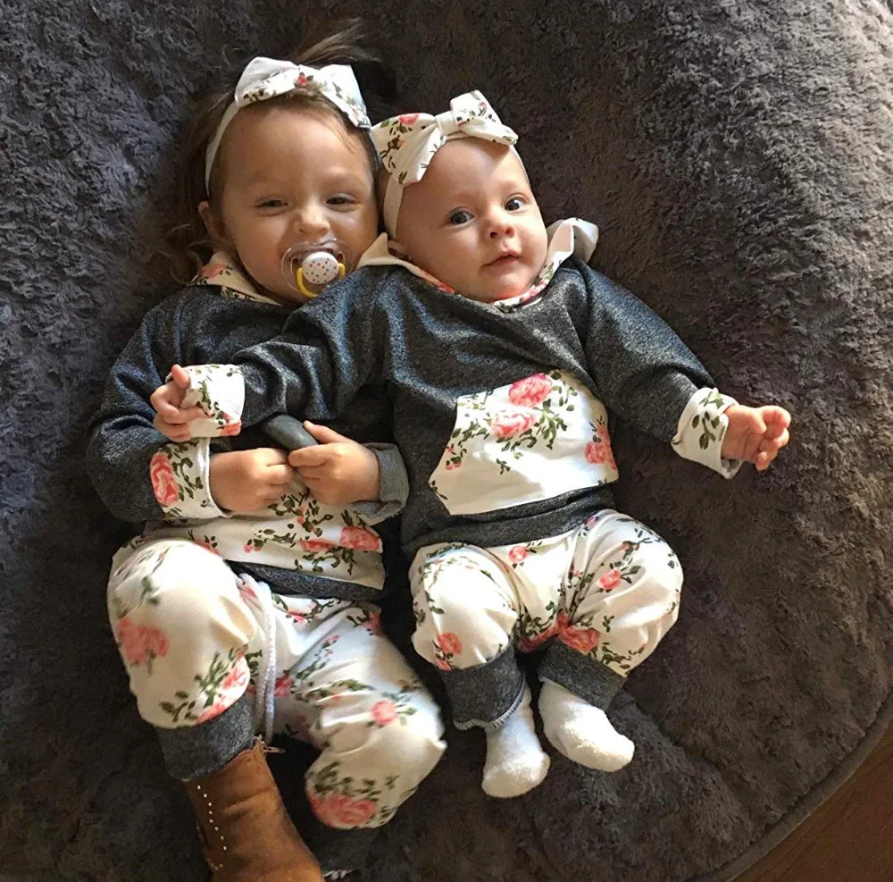 Newborn Infant Baby Girls Floral Clothes Set Long Sleeve Hooded Tops Hoodie Pants Headband Flower 3PCS Set Toddler Clothing