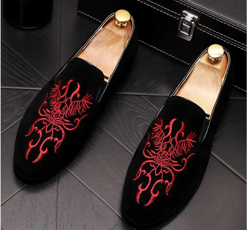 New Preto Para Mocassins Vermelho Mens E Sapatos Requintado Suede Festa vermelho Preto Casamento Baixos Homens Bordado Black Vestido Rgw6Rar