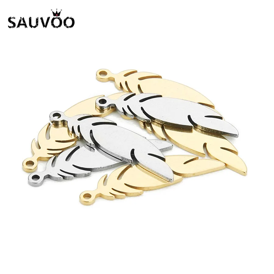 

SAUVOO 20Pcs/lot Stainless Steel Hollow Feather Charms Pendant 6x24mm Gold Silver Tone Color Floating Metal Charms Diy Bracelet
