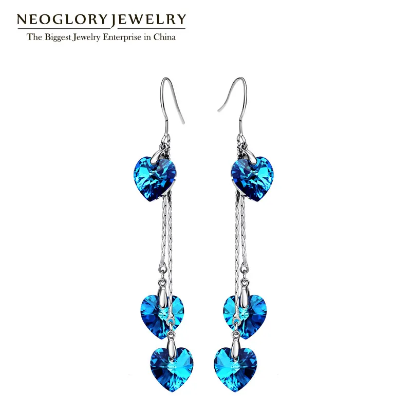 Neoglory синие Австрийские кристаллы, сердце любовь модные Висячие Серьги Висячие романтические для женщин бренд B1