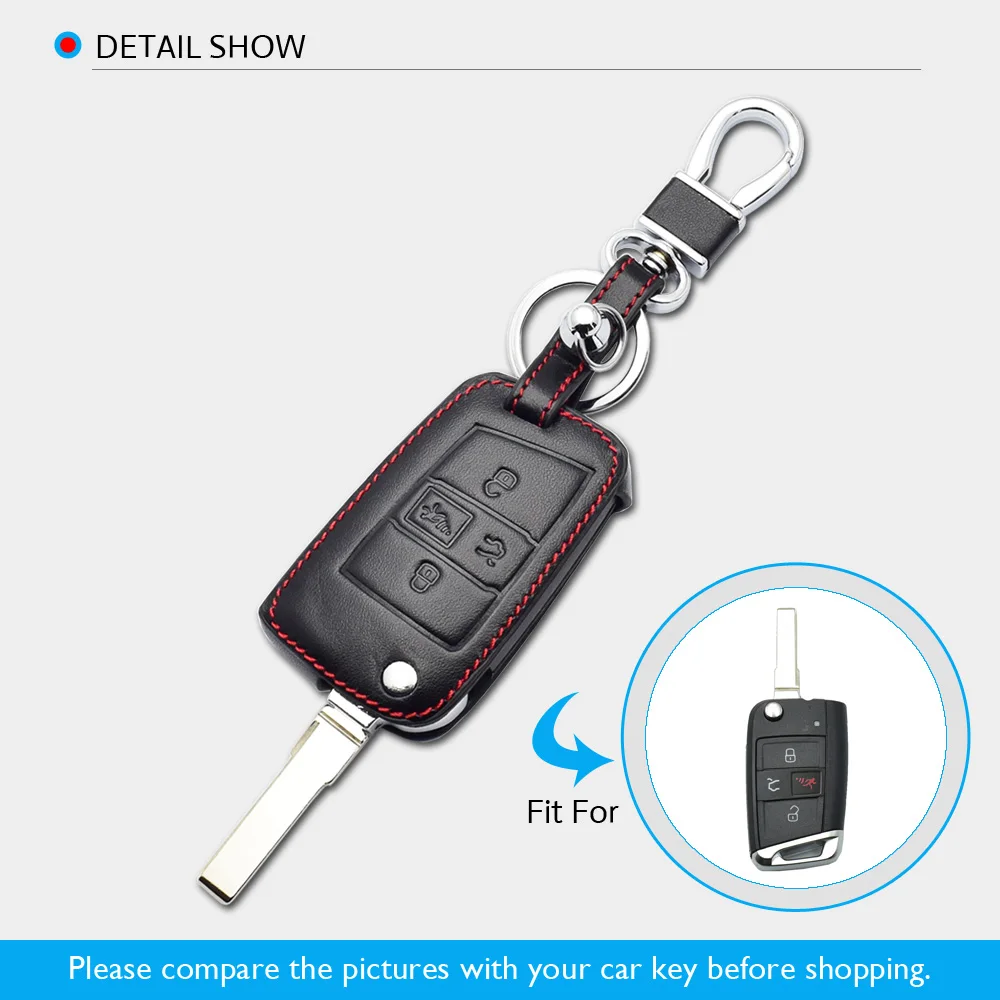 ATOBABI Genuine Leather Flip Car Key Case For VW Volkswagen MK7 Golf 7 GTI 2017 2018 4 Buttons Folding Keychain Remote Fob Cover
