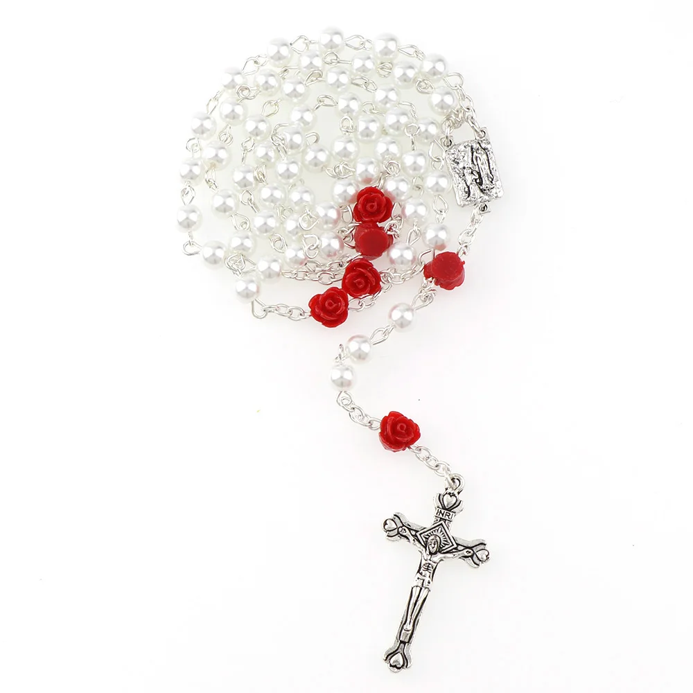 6 мм Стеклянная имитация жемчуга бисера священные четки ожерелье с цветком розы серебряный крест Lourdes центр четки