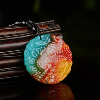 

Hot Sale Xinjiang Gold Silk Chicken Blood Jadeite Flowering Kirin Pendant Seven Colors Onyx Attract Wealth Pendant Necklace
