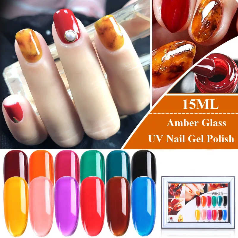 

15ML Nail Art Translucent Glaze Amber Glass UV Gel Polish 12 Clear Coloured Nail Gel Lacquer Manicure Decoration Gel Varnish DIY