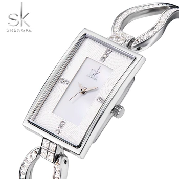 

SK Rectangle Skeleton Rhinestone Luxury Brand Steel Quartz Watch Fashion Women Clock Female Ladies Dress Wristwatch Gift Silver