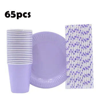 

65pcs Birthday Wedding Decorations Light Purple Disposable Tableware Cups Plates Paper Straws Party Supplies Baby Shower Favors