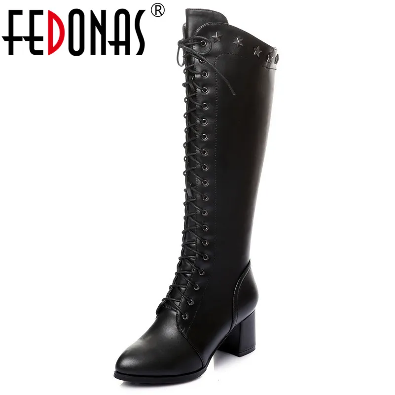 

FEDONAS Punk High Quality Women Knee High Boots High Heels Corss-tied Knight Boots Ladies Autumn Winter Shoes Woman High Boots