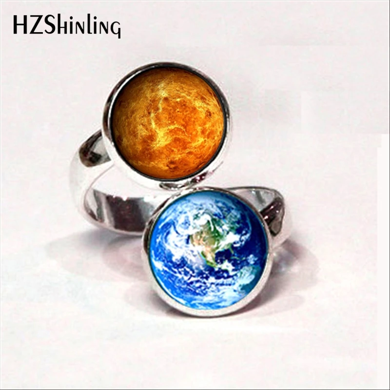

2017 New Arrival Two Ball Ring Planet and Earth Ring Art Glass Dome Globe Rings Adjustable for Women Birthday Favors Gift