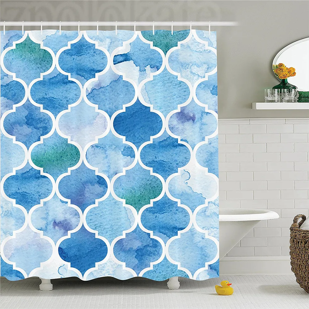 

Moroccan Curvy Geometric Damask Patterns in Watercolor Effect Creative Timeless Home Art Polyester Bathroom Shower Curtain Blue