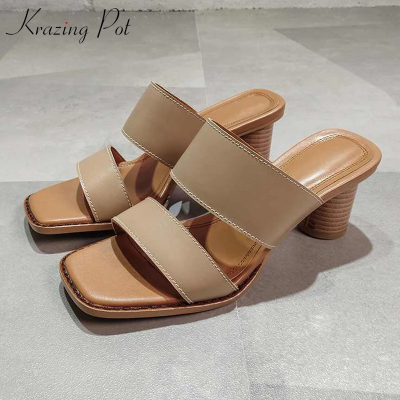 

Krazing Pot cow leather women high heel summer peep toe flip flop streetwear model runway slip on original design sandals L26