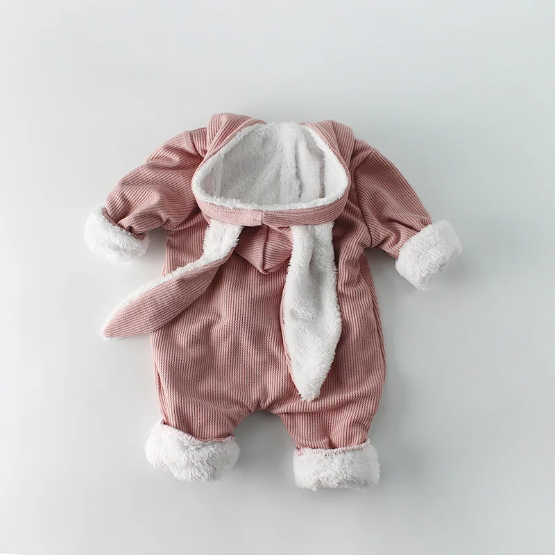 Плотный махровый комбинезон с подкладкой для новорожденных; комбинезон для малышей; комбинезон для маленьких мальчиков и девочек с рисунком кролика и длинными ушками; детские комбинезоны - Цвет: pink