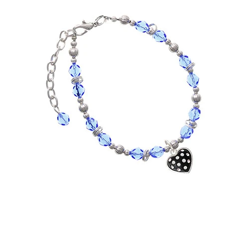 Silvertone Black Resin Heart with Clear Crystals in Frame Light Blue Beaded Bracelet