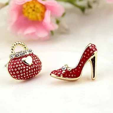  2015 New !!! Hot Fashion Fine Jewelry Gold Plated Elegance Rhinestone Asymmetry Wallet High Heels Stud Earrings For Women E-301 