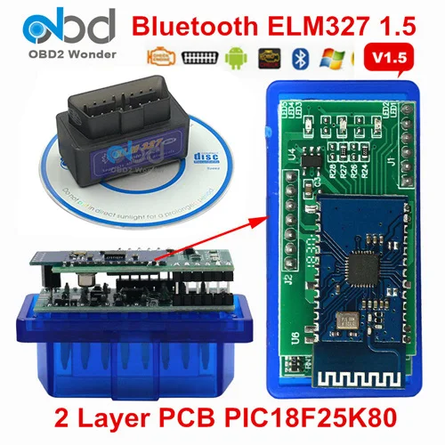 OBD II ELM327 PIC18F25K80 Bluetooth V1.5 автоматический сканер ELM 327 25K80 2 слоя PCB OBDII диагностический сканер аппаратное обеспечение 1,5 Android PC - Цвет: 2 Layer PCB Black