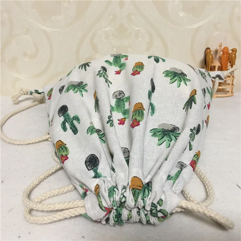 YILE Cotton Linen Drawstring Eco Backpack Student Book Bag Print Potted Cactus B8503-5 3