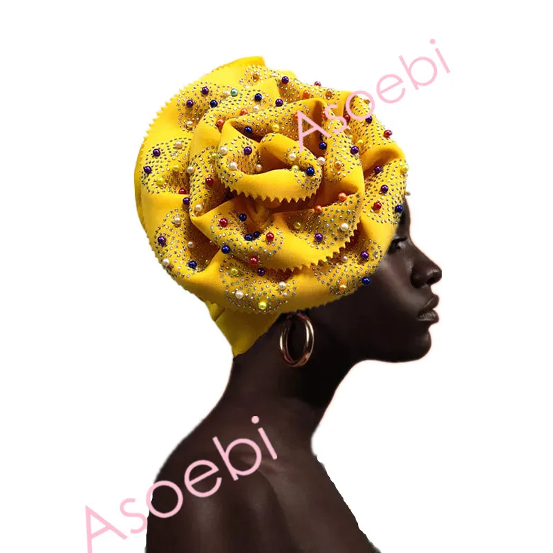 

2019 New African Beads Turbans For Women African Aso Oke Auto Gele For African Hats Nigerian Headtie Gele Turban Gele with beads