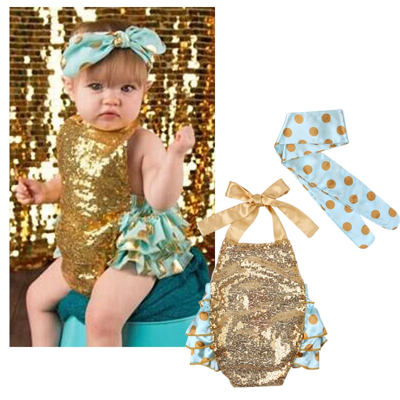 Summer Baby Girl Gold Sequin Romper Dots Blingbling Girls Bodysuit with
