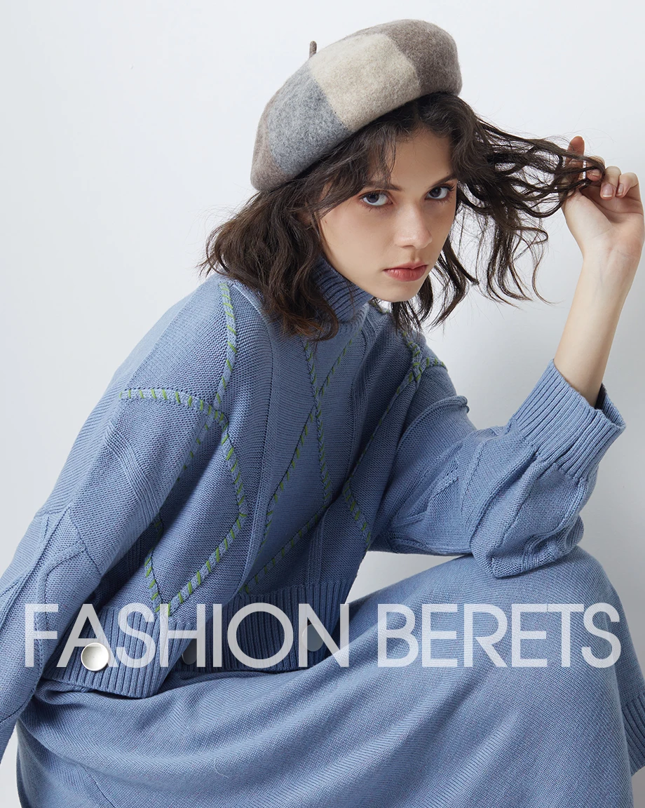 Beret Female 100% Cashmere Hats For Women Winter Flat Cap Wool Knit Hats Lady Three-color Patchwork Berets Painter Hat Beanie (1)