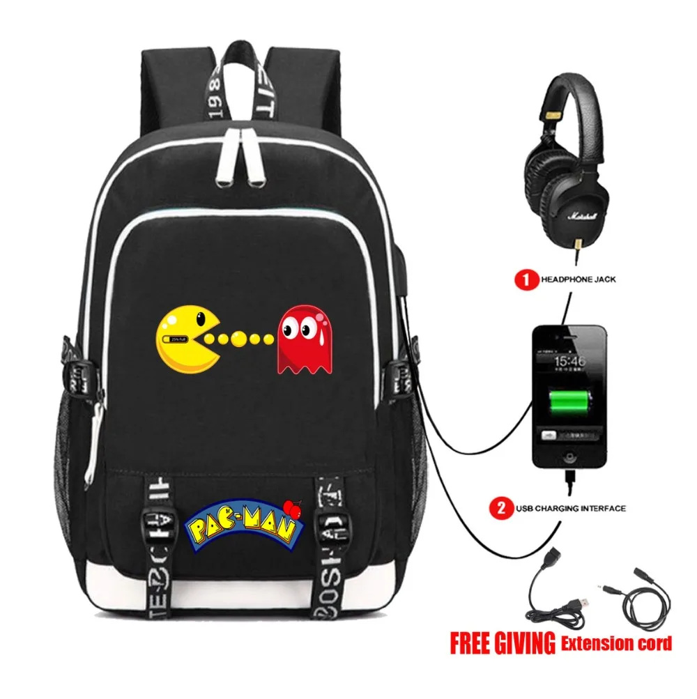 

Game Pac-Man backpack USB Charge Headphone Jack student School Bags Bookbag Unisex Shoulder Laptop Bags
