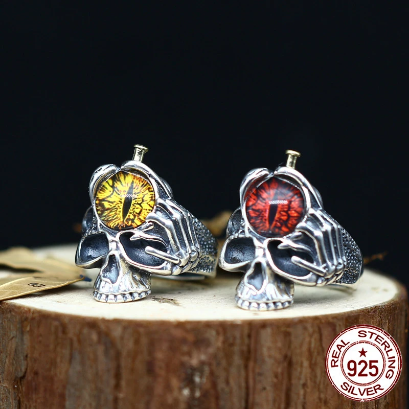 

S925 sterling silver personality tide section eye stone couple ring carving carved devil's eye skull retro silver 2018 new gift